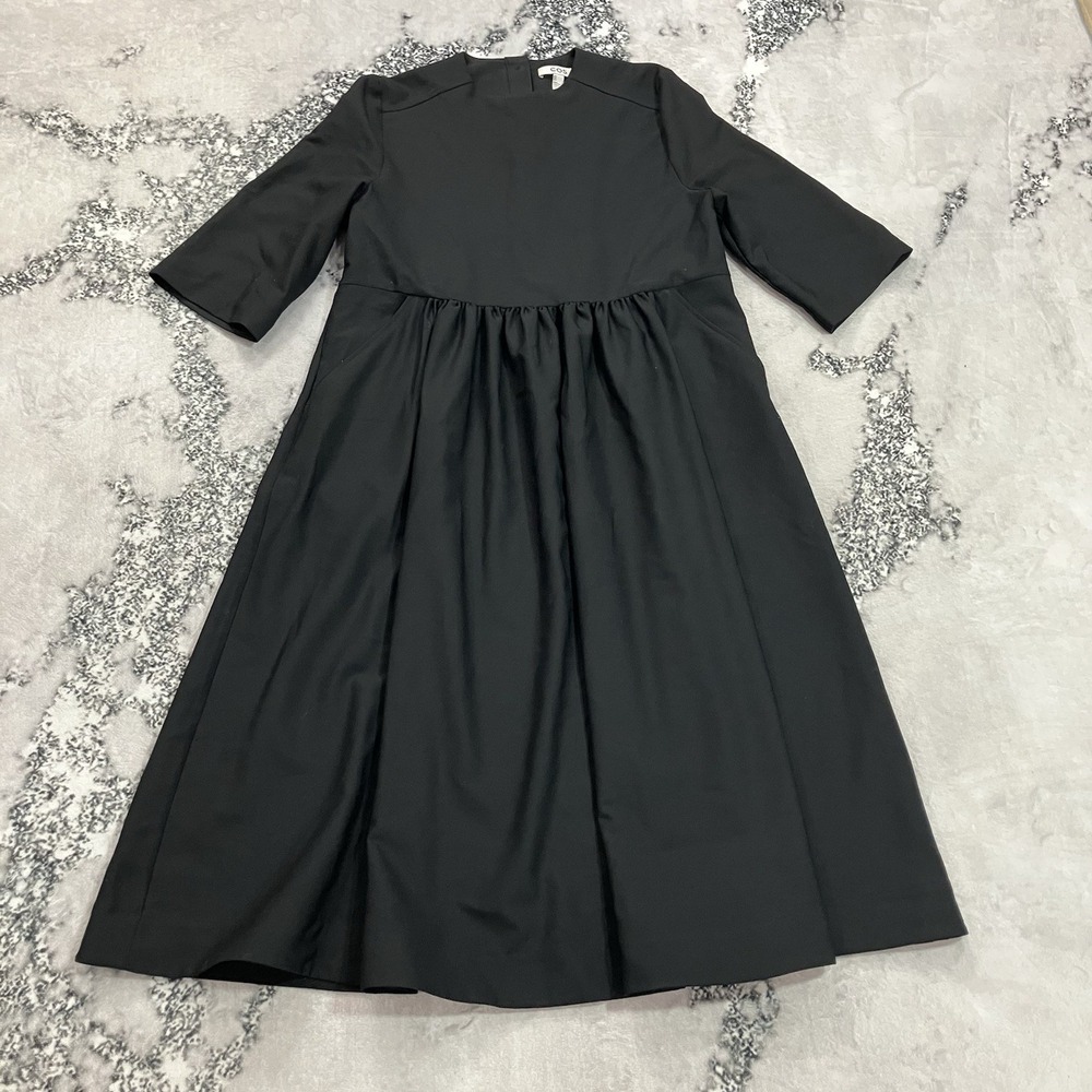 COS Black Gathered Waist Midi Dress 3/4 Sleeve Minimalist A-Line Women's US 4 - Picture 1 of 14